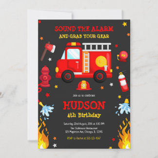 Firetruck Firefighter Kids Birthday Invitation Einladung