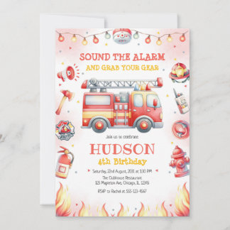 Firetruck Firefighter Kids Birthday Invitation Einladung