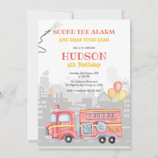 Firetruck Firefighter Kids Birthday Invitation Einladung