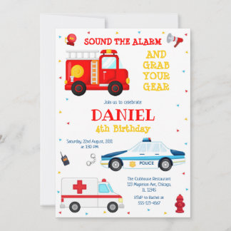 Firetruck Firefighter Kids Birthday Invitation Einladung