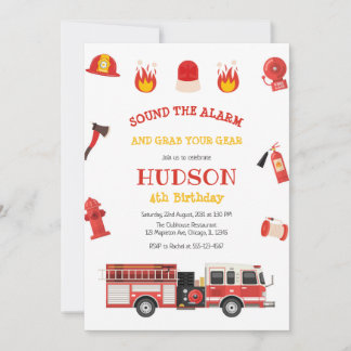 Firetruck Firefighter Kids Birthday Invitation Einladung