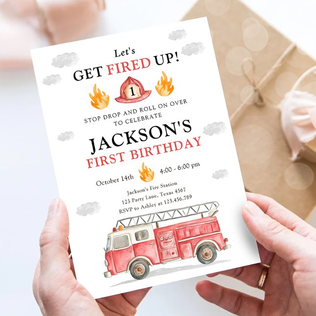 Firetruck Let's Get Fired Up Boy First Birthday Einladung (Von Creator hochgeladen)