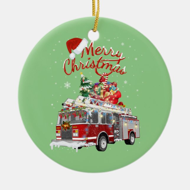 Firetruck Santa Sleigh Fireman Christmas Firefight Keramik Ornament (Vorne)