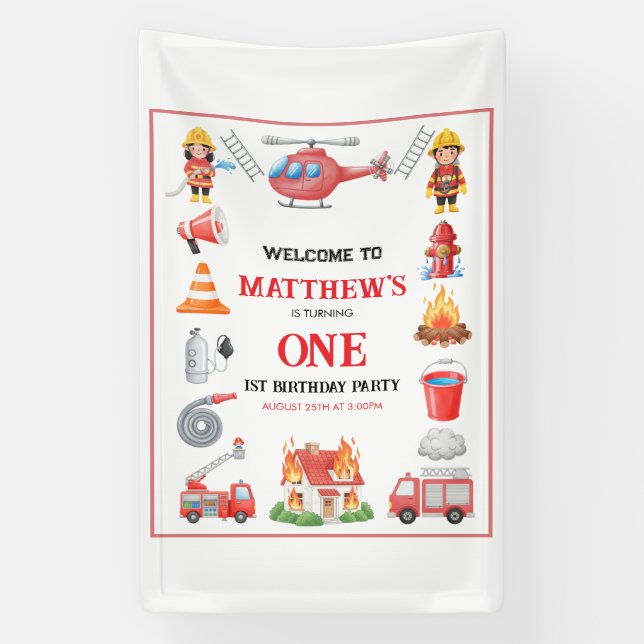 Firetrucks Boy 1st Birthday | Cute Little party Banner (Vertikal)