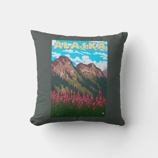 Fireweed mit GebirgsVintagem Reise-Plakat Kissen (Vorderseite)
