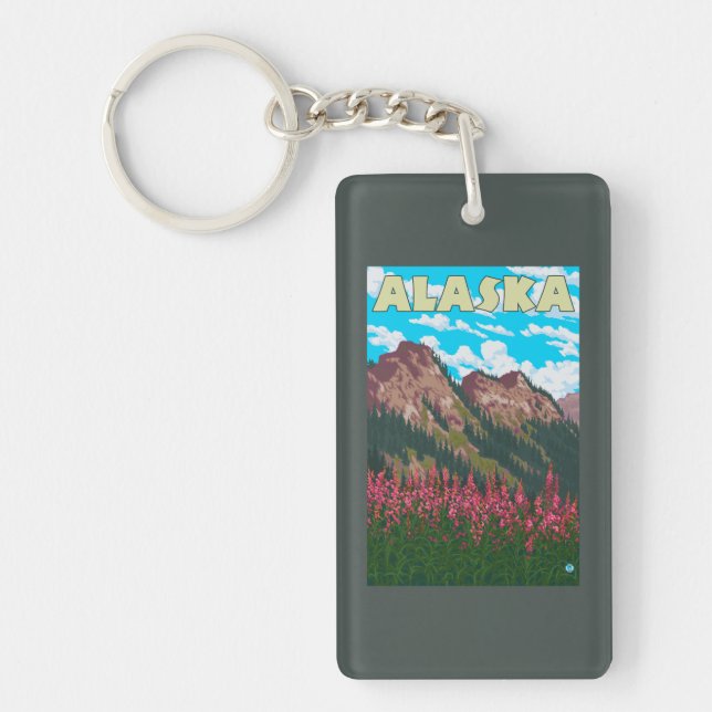 Fireweed mit GebirgsVintagem Reise-Plakat Schlüsselanhänger (Vorderseite)