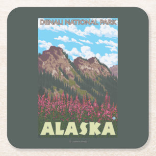 Fireweed u. Berge - Denali Nationalpark, Rechteckiger Pappuntersetzer