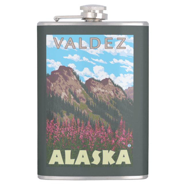 Fireweed u. Berge - Valdez, Alaska Flachmann (Vorderseite)