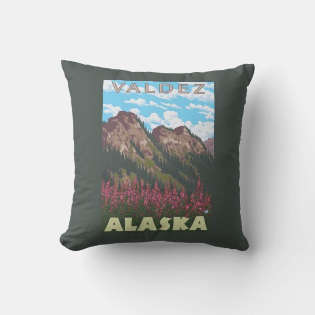 Fireweed u. Berge - Valdez, Alaska Kissen (Vorderseite)