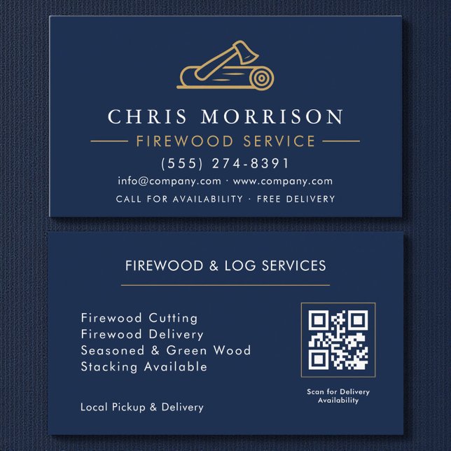 Firewood Supply Service Navy Blue Gold QR Code Visitenkarte (Von Creator hochgeladen)