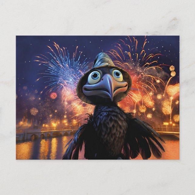 Firework Wonder Raven Watching Night Sky In Styliz Postkarte (Vorderseite)