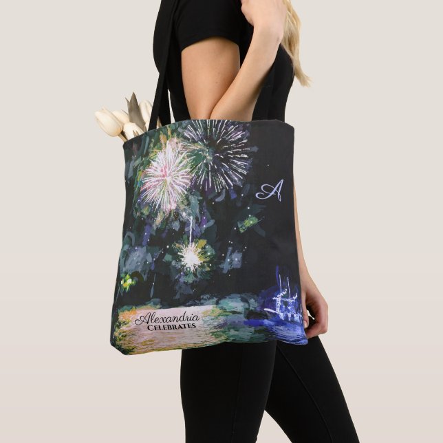 Fireworks Beach Side Boat Wasserfarbe Ozean Custom Tasche (Von Nahem)