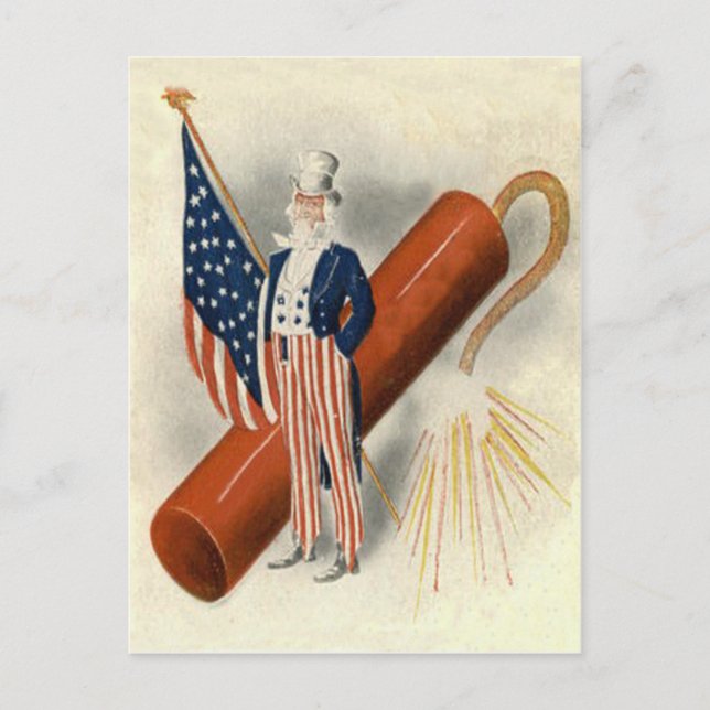 Fireworks Firecracker Uncle Sam US Flag Postkarte (Vorderseite)
