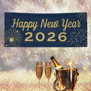 Fireworks Gold Blue 2025 Happy New Year Party Banner