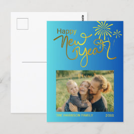 Fireworks Gold Happy New Year Foto Blue Gradient Postkarte