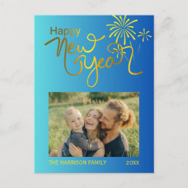 Fireworks Gold Happy New Year Foto Blue Gradient Postkarte