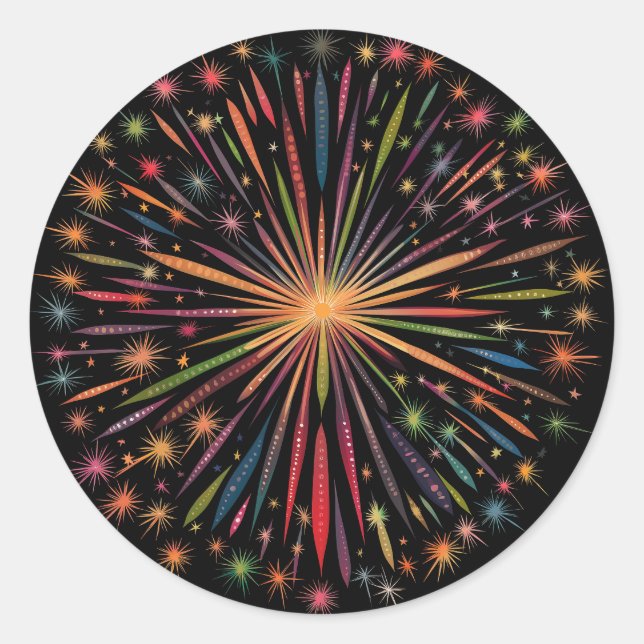 Fireworks Mandala - Regenbogen auf schwarzem Hinte Runder Aufkleber (Vorderseite)
