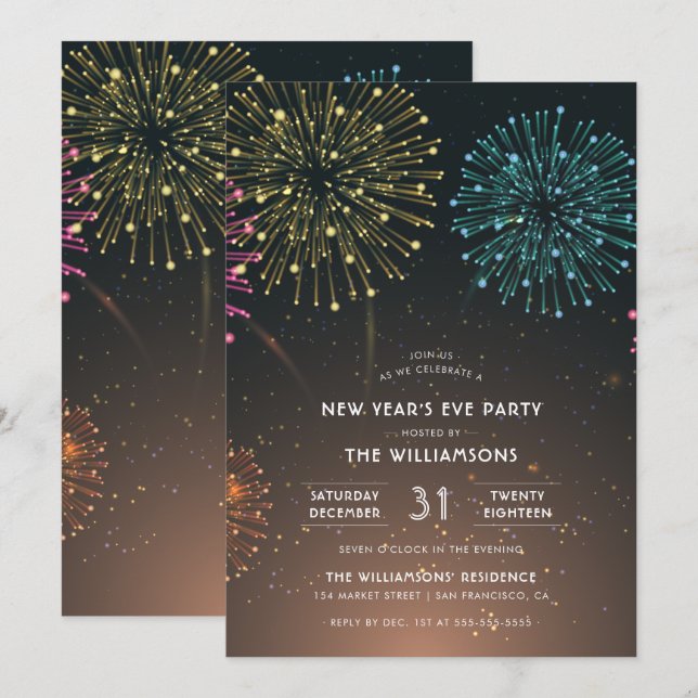 Fireworks-Party | Moderne Typografie - Neues Jahr  Einladung (Vorne/Hinten)