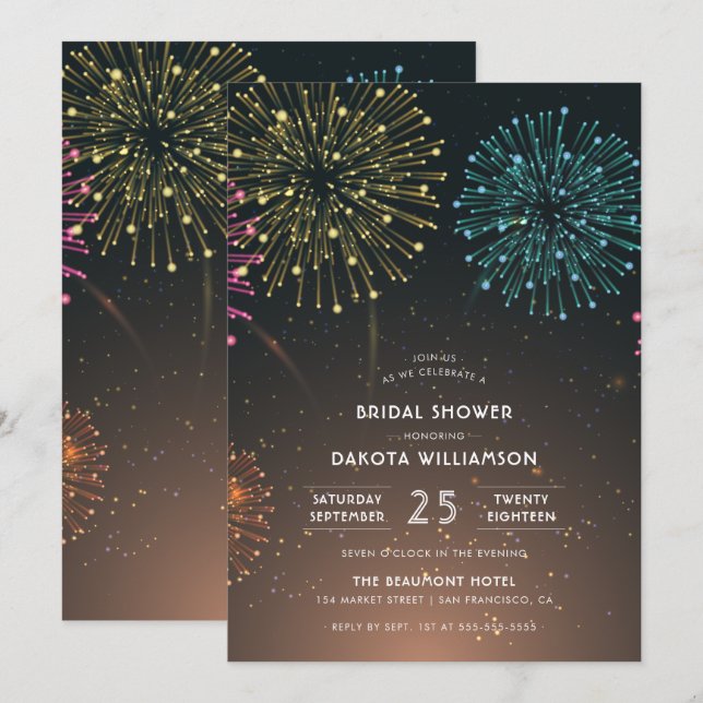 Fireworks-Party | Modernes Typografie-Brautparty Einladung (Vorne/Hinten)