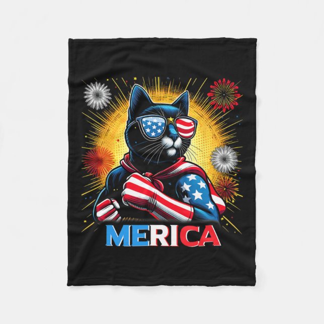 Fireworks Us Flag Patriotic Black Cat Fleecedecke (Vorderseite)