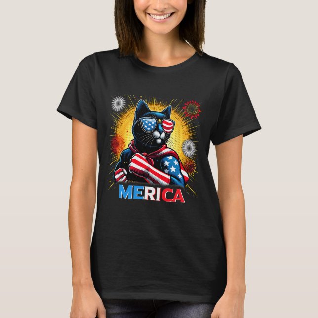 Fireworks Us Flag Patriotic Black Cat T-Shirt (Vorderseite)