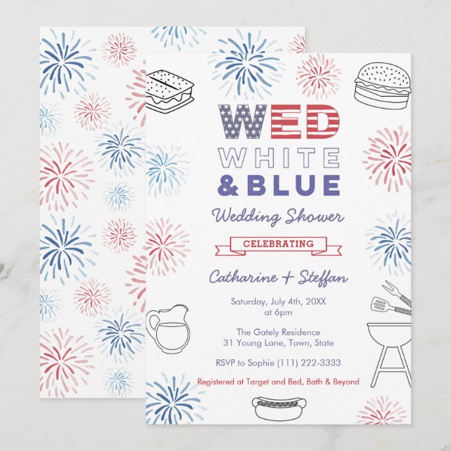 Fireworks Wed White Blue Cookout Paare Dusche Einladung (Vorne/Hinten)