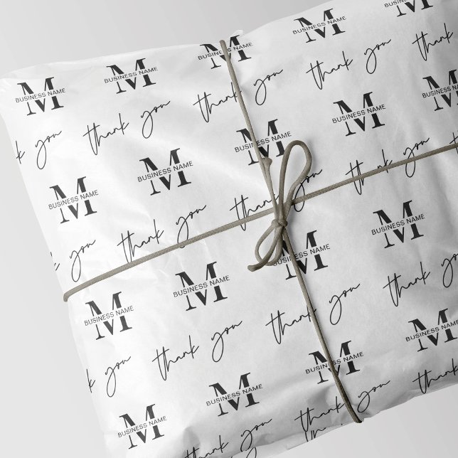 Firma Brand Personalisiertes Minimalistisches Must Seidenpapier (Minimalist monogrammed packaging paper in black & white with trendy thank you script pattern)