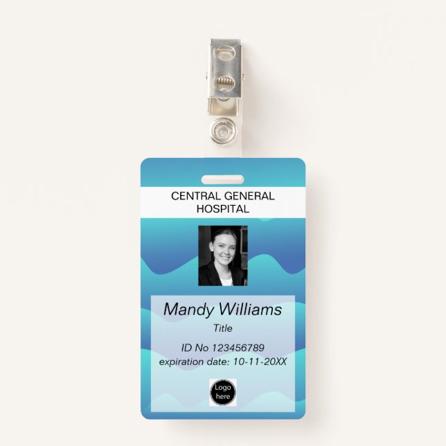 Firma ID Mitarbeiter Foto Logo blaue Wellenbezeich Ausweis (Vorderseite mit Klammer)