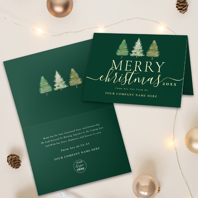 Firmen-Weihnachtsbäume Logo Gold (Corporate merry Christmas trees company logo elegant gold foil script green business holiday card)