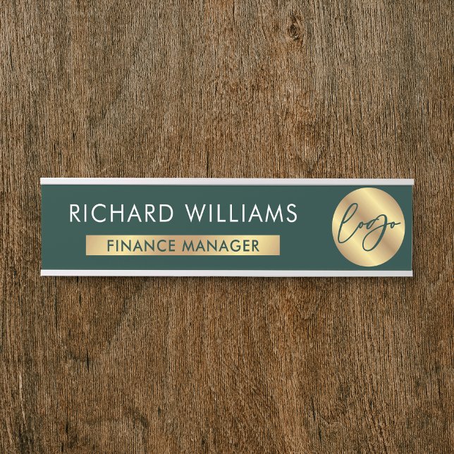 Firmengrüne und goldene Logos Name des Mitarbeiter Türschild (Green and gold effect corporate door sign with your logo, name and job title)