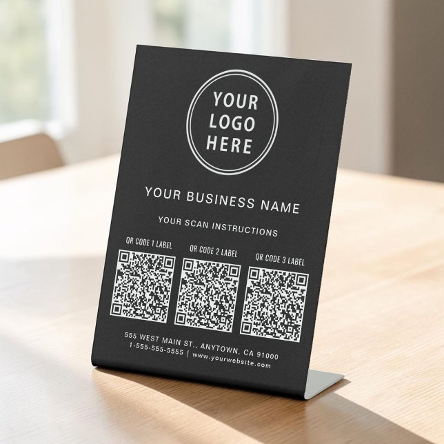 Firmenlogo 3 QR-Codes Schwarz Sockelschild (Business Logo 3 QR Codes Black Pedestal Sign)