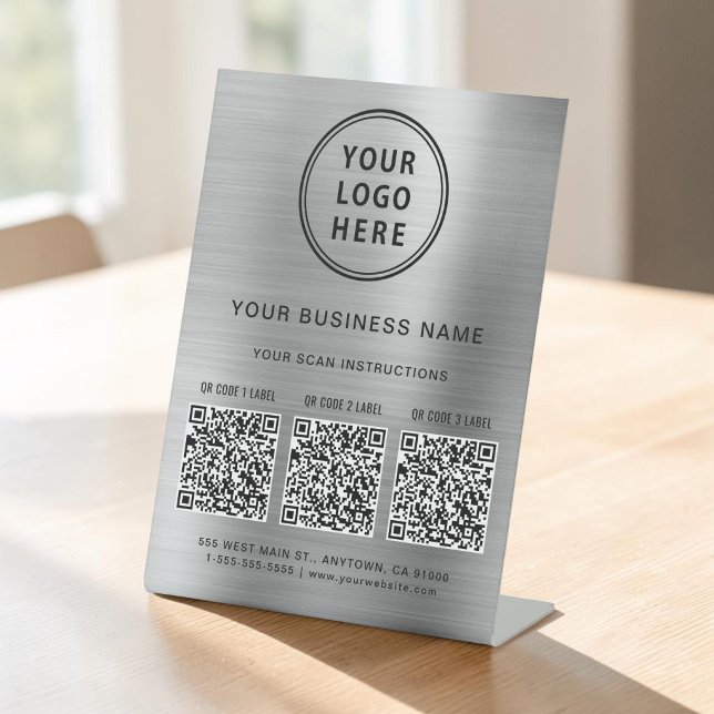 Firmenlogo 3 QR-Codes Silver Sockelschild (Business Logo 3 QR Codes Promotional Silver Pedestal Sign)