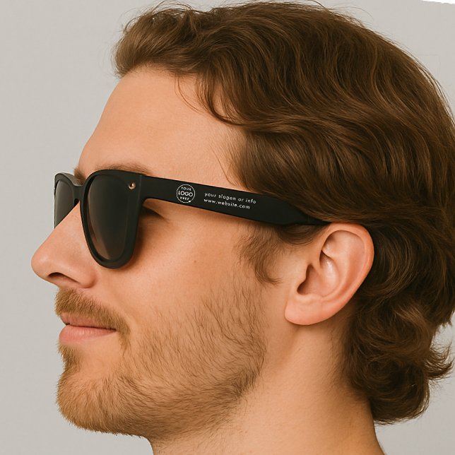 Firmenlogo | Black Modern Promotion Swag (Sleek black company branded sunglasses for your small business team apparel or promotional swag.)