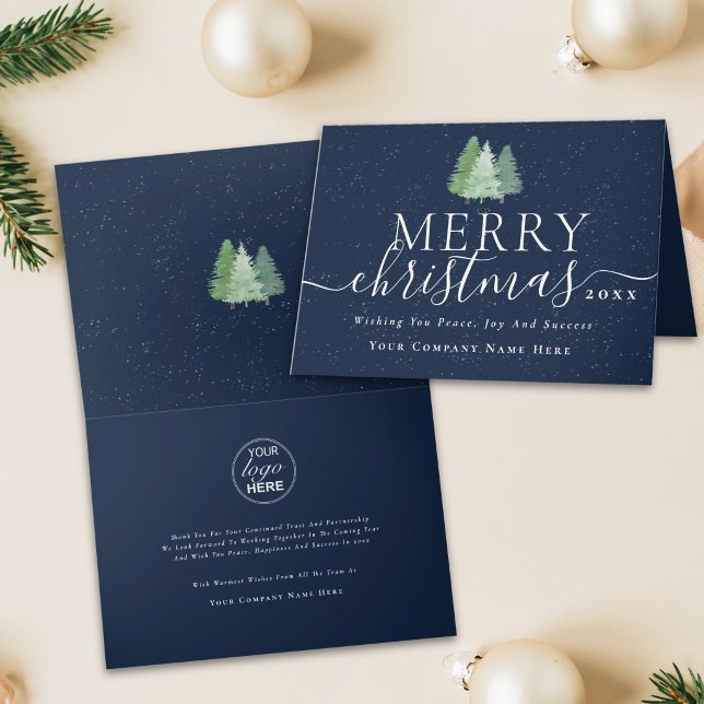 Firmenlogo Frohe Weihnachten Schnee Bäume (Corporate logo merry Christmas trees winter snow blue business holiday card)
