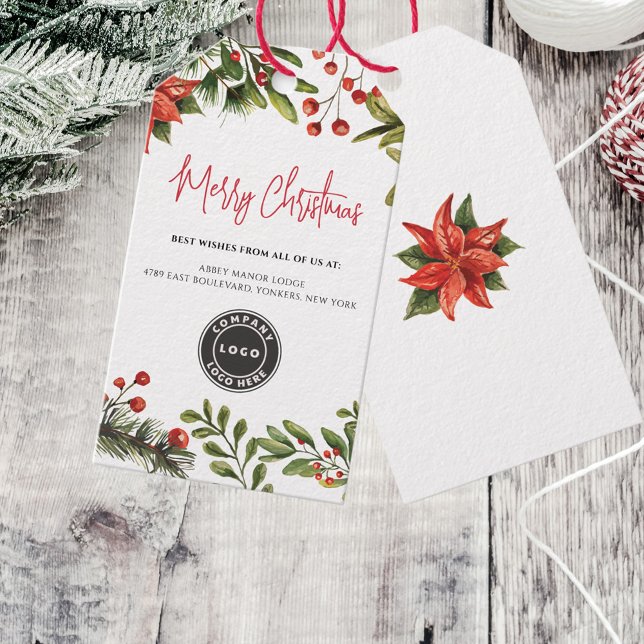 Firmenlogo Frohe Weihnachtsfirma feierlich Geschenkanhänger (Business Holidays Corporate Logo Poinsettia Gift Tags)