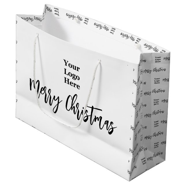 Firmenlogo Frohe Weihnachtsschrift Schwarz & Weiß Große Geschenktüte (Vorderseite Schrägansicht)