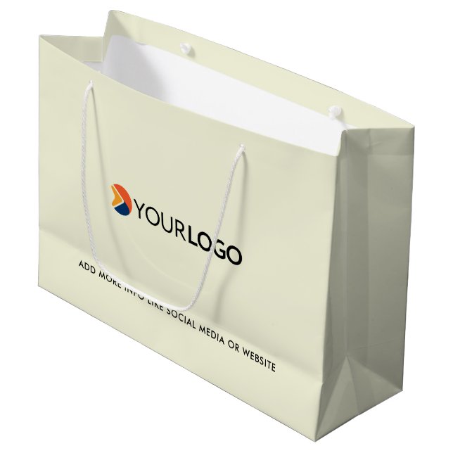 Firmenlogo für kundenspezifische Geschenke Beige Große Geschenktüte (Vorderseite Schrägansicht)