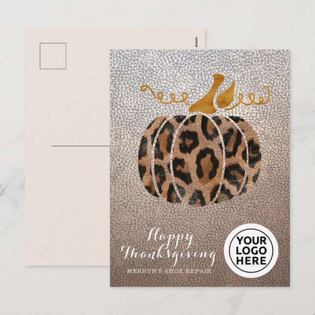 Firmenlogo Glückwunsch Erntedankfest Leopard Pumpk Feiertagspostkarte (Vorne/Hinten)