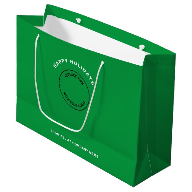 Firmenlogo Grün Frohe Weihnachten Große Geschenktüte (Vorderseite Schrägansicht)