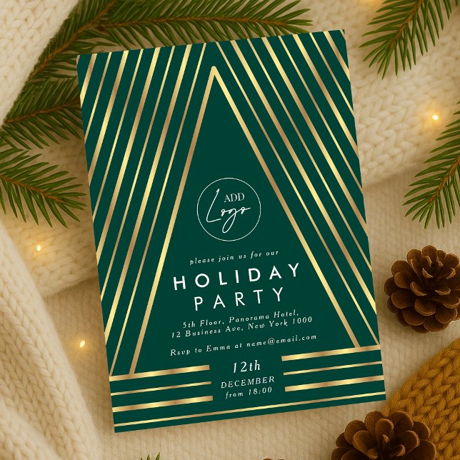 Firmenlogo - Grün- und Goldweihnachtsstab - Party Einladung (Modern emerald green and gold Christmas Party Business Logo Invitation)