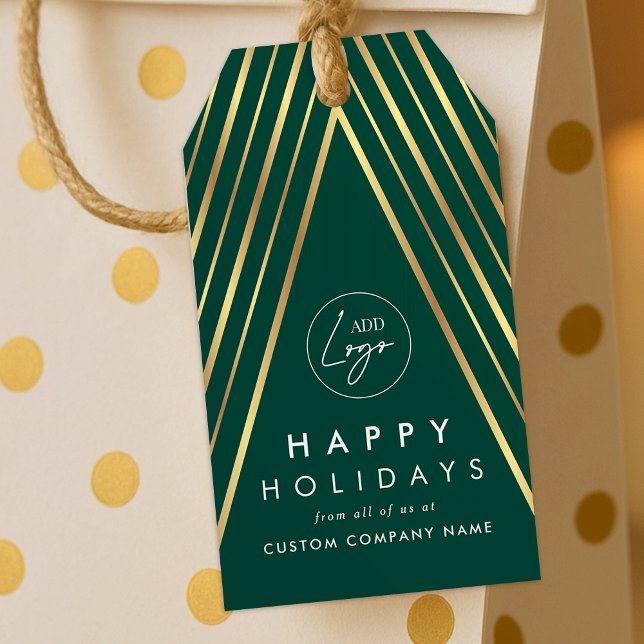 Firmenlogo Grüne Goldweihnachtsbaume Geschenkanhänger (Elegant emerald green and gold Christmas tree holiday gift tags with your custom logo)