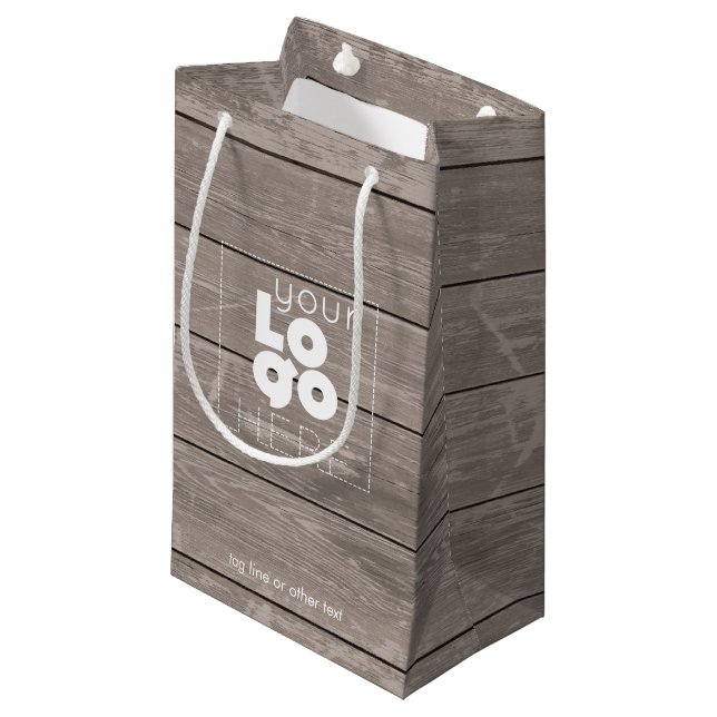 Firmenlogo Kleine Holzdruckpapier-Einkaufstasche Kleine Geschenktüte (Vorderseite Schrägansicht)