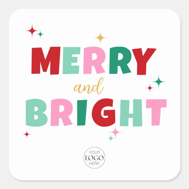 Firmenlogo Merry & Bright Farbige Typografie Quadratischer Aufkleber (Vorderseite)
