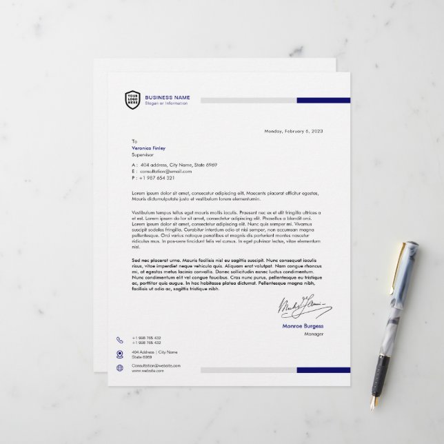 Firmenlogo | Minimalistische Tiefblausignatur Briefbogen (Vorderseite/Rückseite Beispiel)