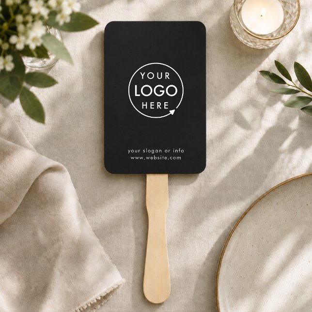 Firmenlogo | Moderne schwarze Werbung Fächer (Personalized paddle fans guests can use at ceremonies, galas, conferences, and warm venues)