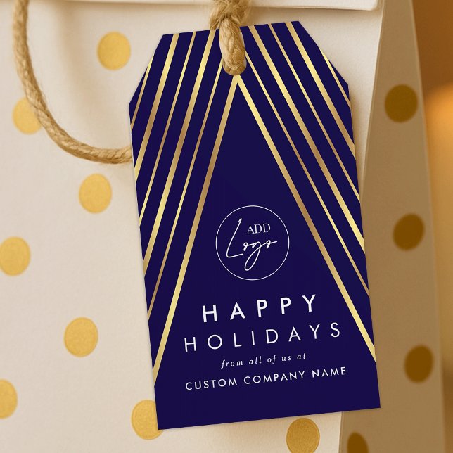 Firmenlogo Navy Gold Weihnachtsbaum Geschenkanhänger (Elegant navy blue and gold Christmas tree holiday gift tags with your custom logo)