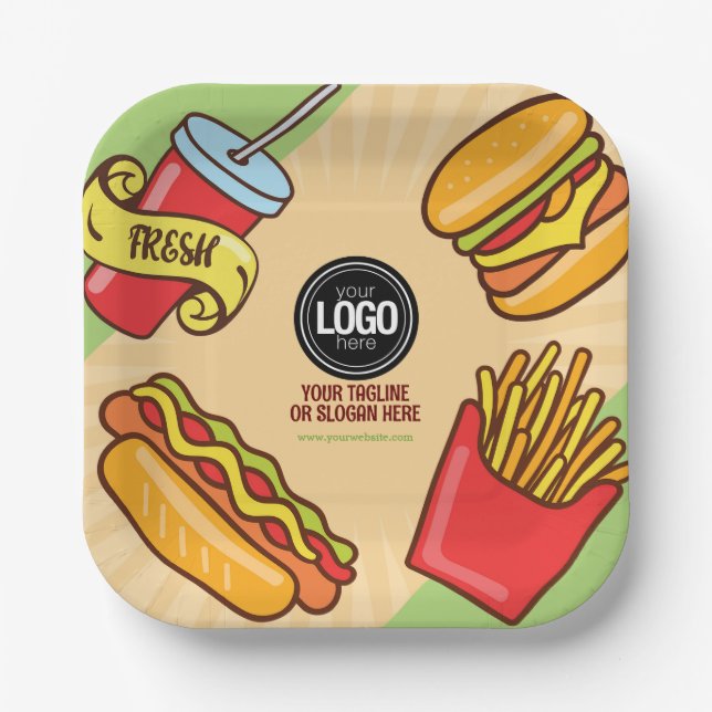 Firmenlogo personalisieren | Hamburger Hotdog Them Pappteller (Vorderseite)
