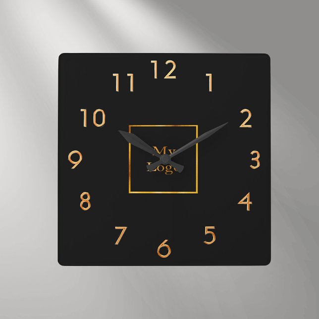 Firmenlogo, schwarze goldene Wand Quadratische Wanduhr (Von Creator hochgeladen)