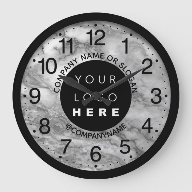 Firmenlogo Silbergraue Marmorbezeichnung Slogan Große Wanduhr (Vorderseite)