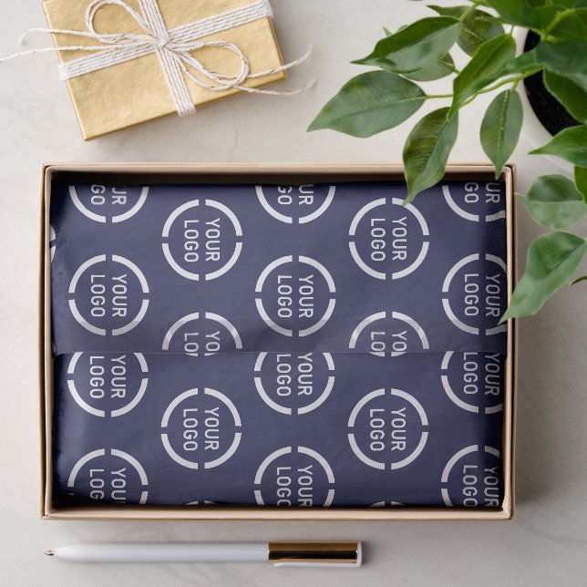 Firmenlogo und blaue Markenbezeichnung Seidenpapier (Geschenk)
